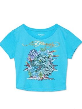 New Ed Hardy Blue Cropped Tiger Shirt